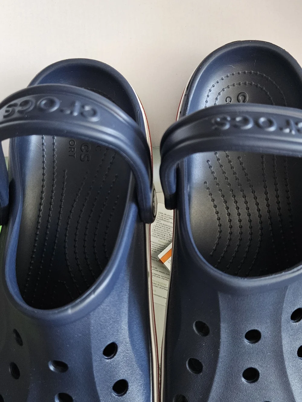 CROCS Navy Slip-On Clogs with Red & White Side Stripe